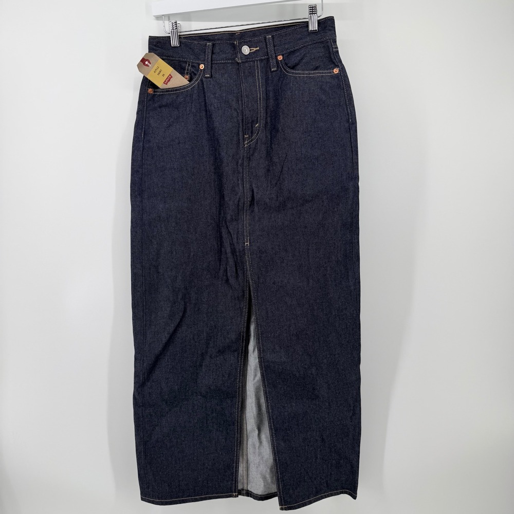 Levi's Premium 26 Maxi Denim Skirt Irregular Dark Wash Slit Waist 29" L38" NWT